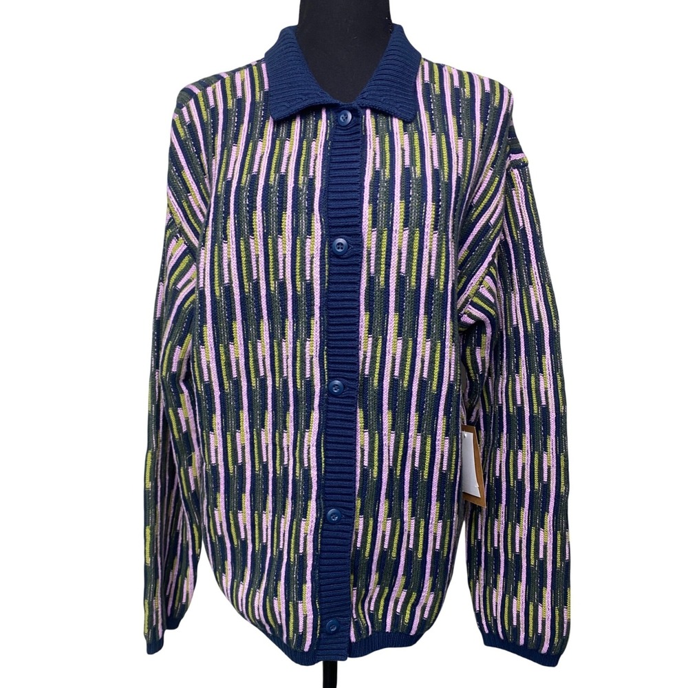 Vans Alta Chunky Knit Cardigan Sweater Mens XS/S Blue Green Stripe VN000F6ZLKZ